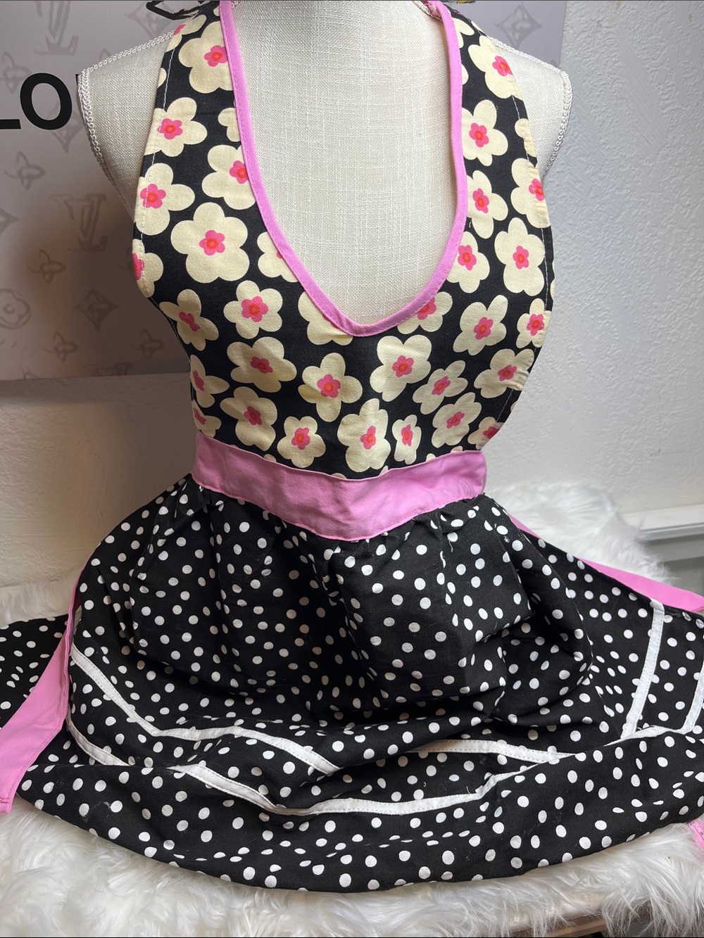 Black & Pink Floral Polka Dot Apron